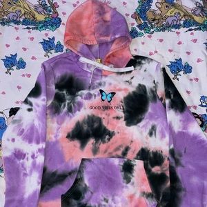 Purple/White/Black/Pink Graphic Tie-Dye Butterfly Hoodie with White Strings